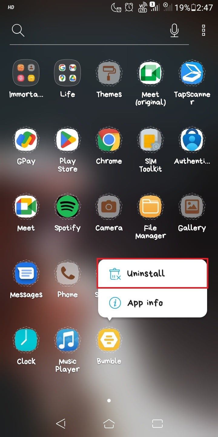 Once you long press on the Bumble app, click on the uninstall option to uninstall the app. 