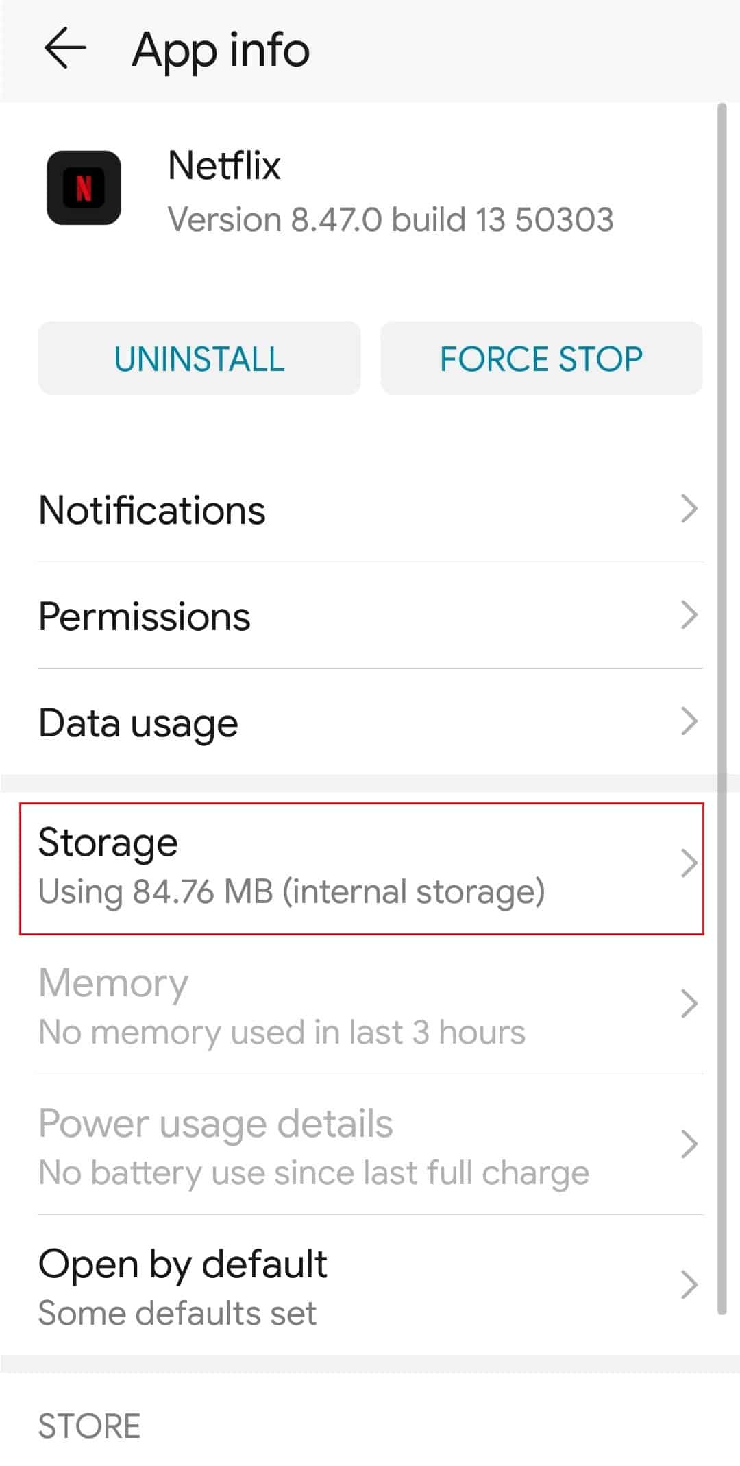 tap on Storage on Netflix App info