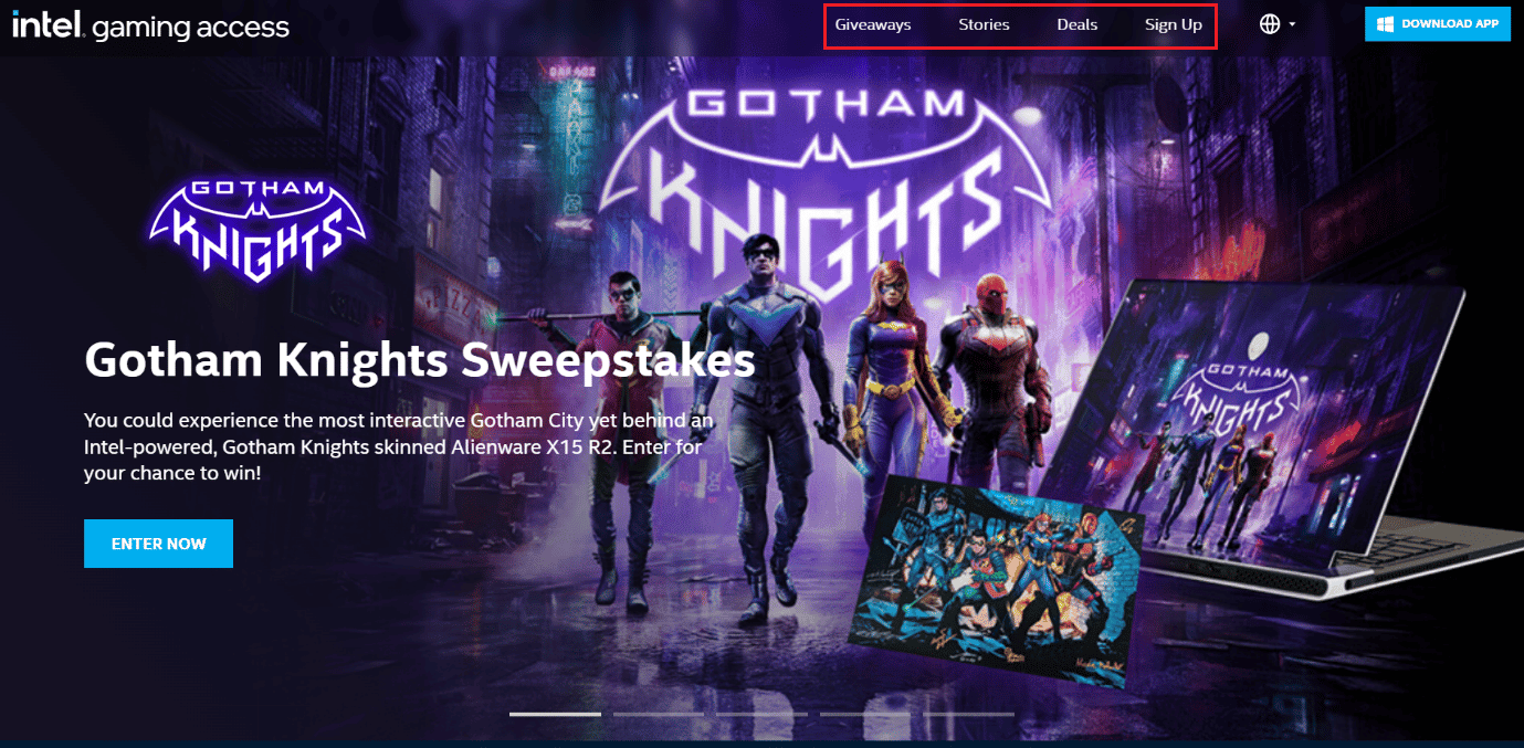 homepage of Intel gaming access, you can select any of the following options- Giveaway, Stories, Deals, Sign Up