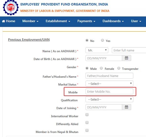 EPF UAN Mobile Registration