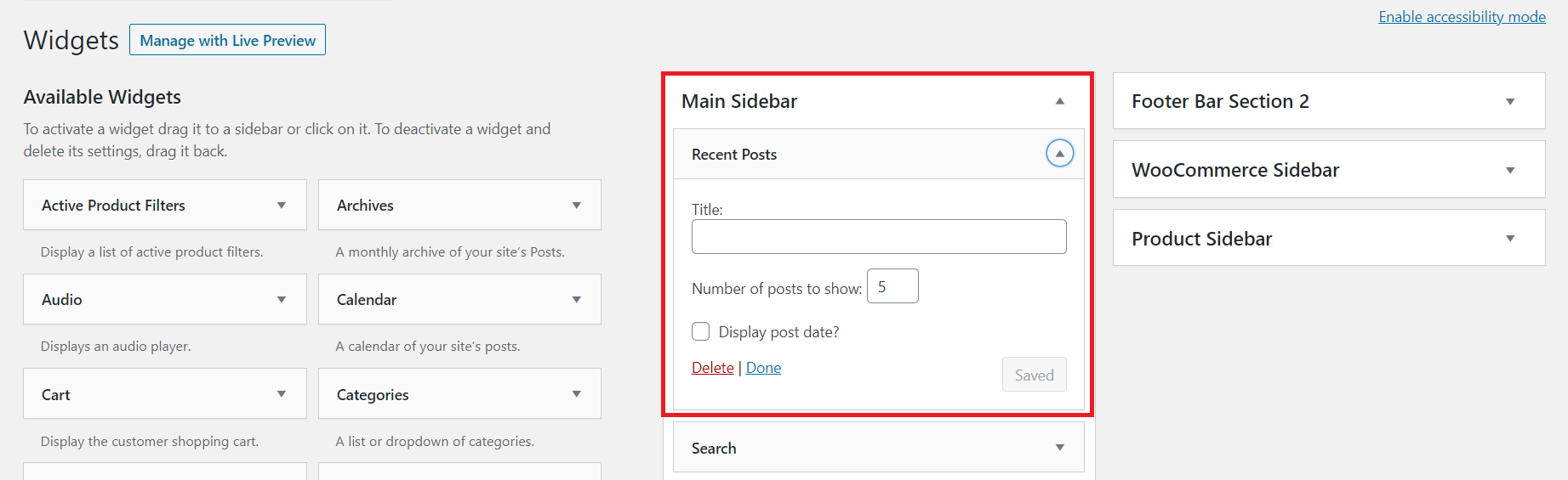 The Main Sidebar section highlighted on the Widgets page