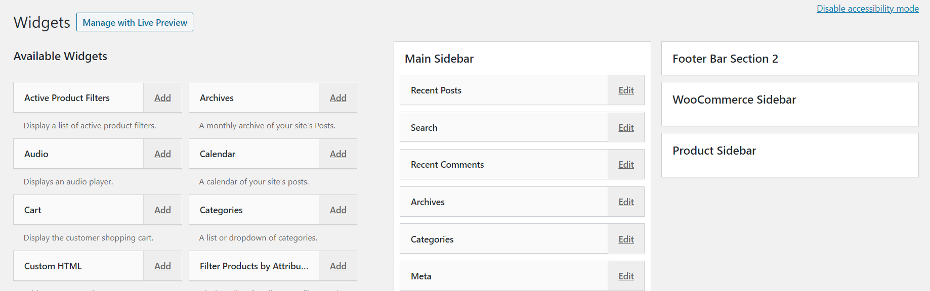 Accessibility mode widgets settings on WordPress