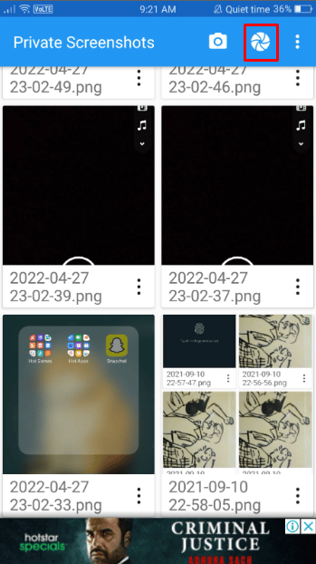 Tap on the screenshot icon present at the top of the screen.