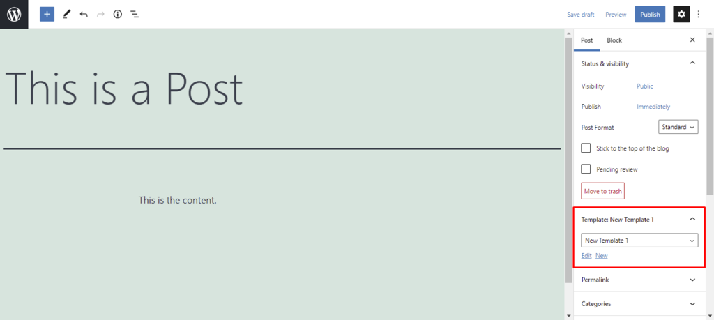 Screenshot highlighting the New Template option in WordPress editor