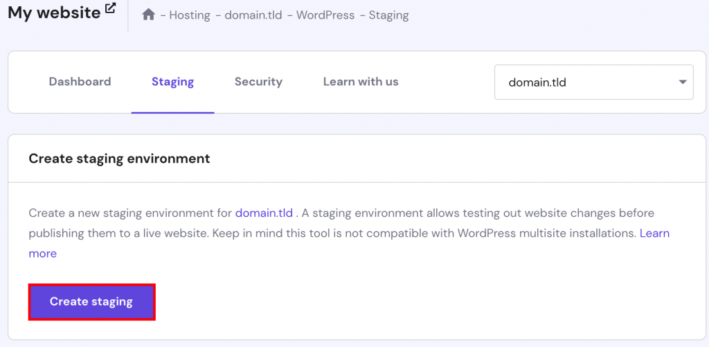 The Create staging button on hPanel