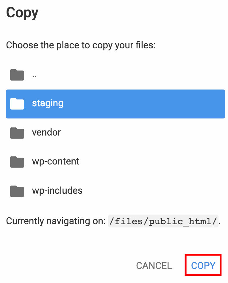 The COPY button on the Copy window.