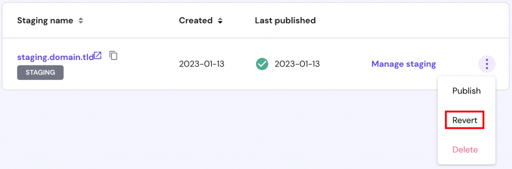The Revert button on the staging site list.