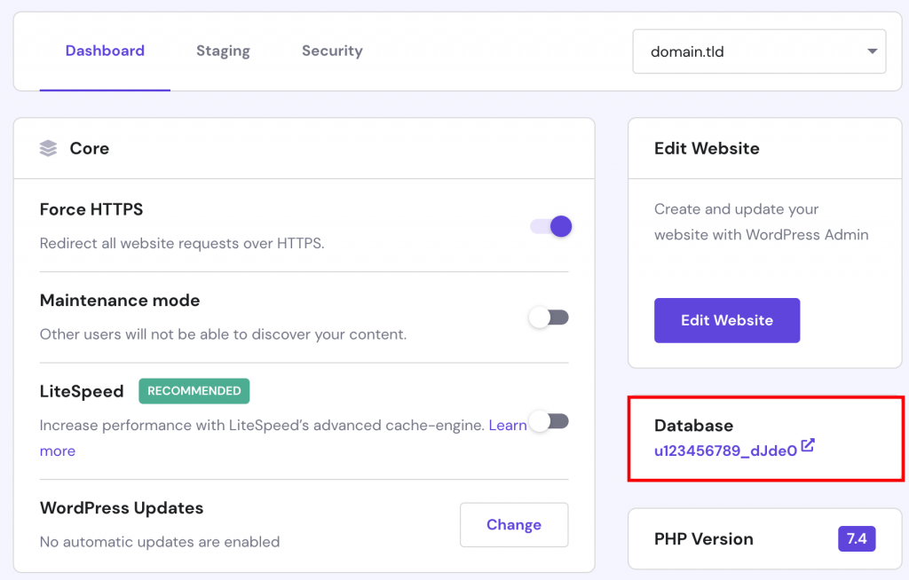 The database name's location in the WordPress dashboard section on hPanel.