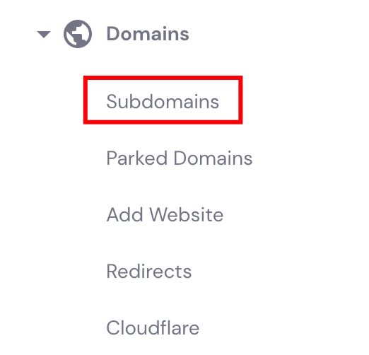 The Subdomains button under the Domains section.