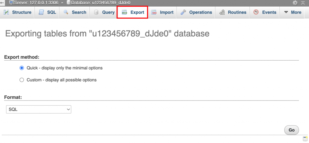 The Export button on the main phpMyAdmin interface view.