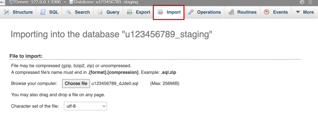 The Import button on the main phpMyAdmin interface view.