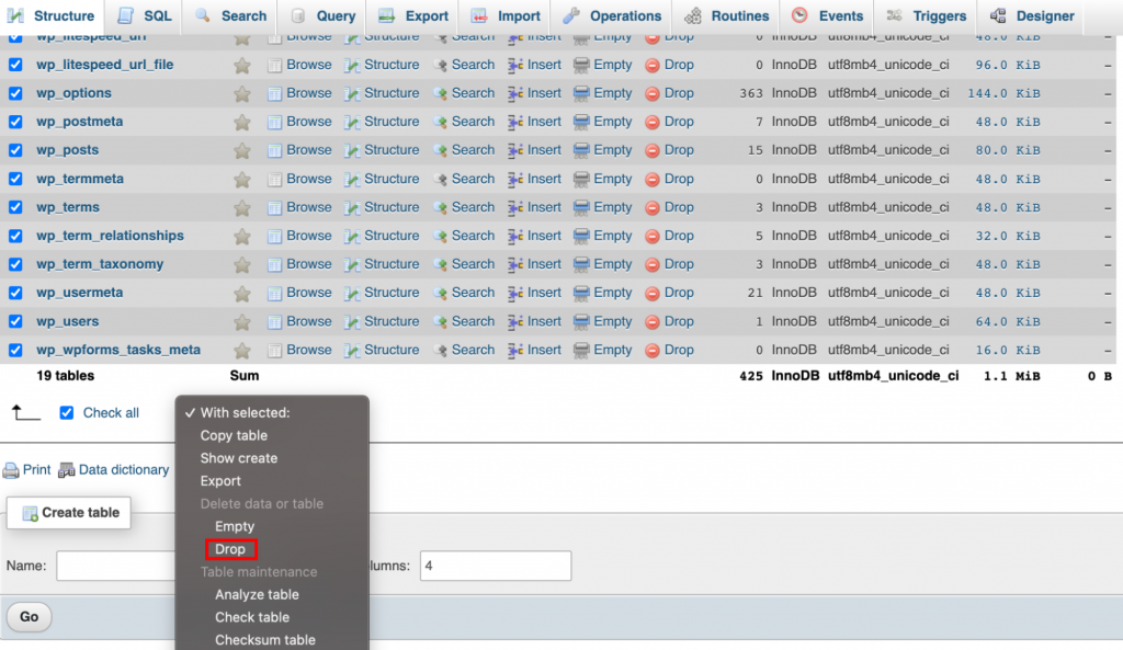 The Drop option in the phpMyAdmin view with all database tables selected.