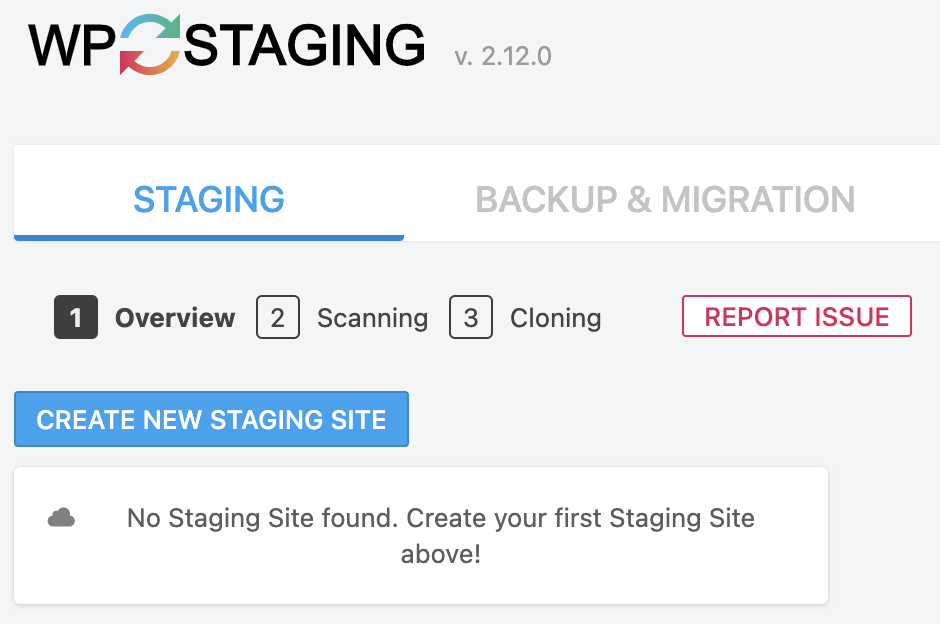 The main WP Staging plugin view