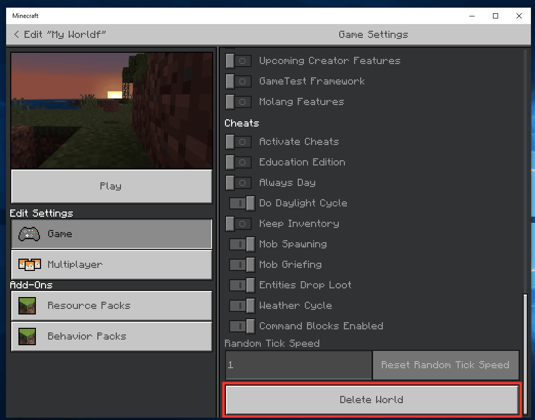 Scroll down to the bottom and click on Delete World
