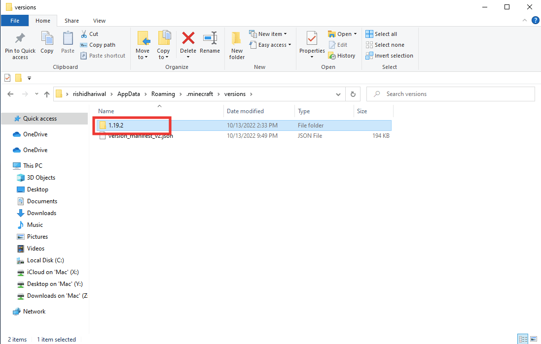 Select the mods version folder and simply delete it by pressing the Delete key