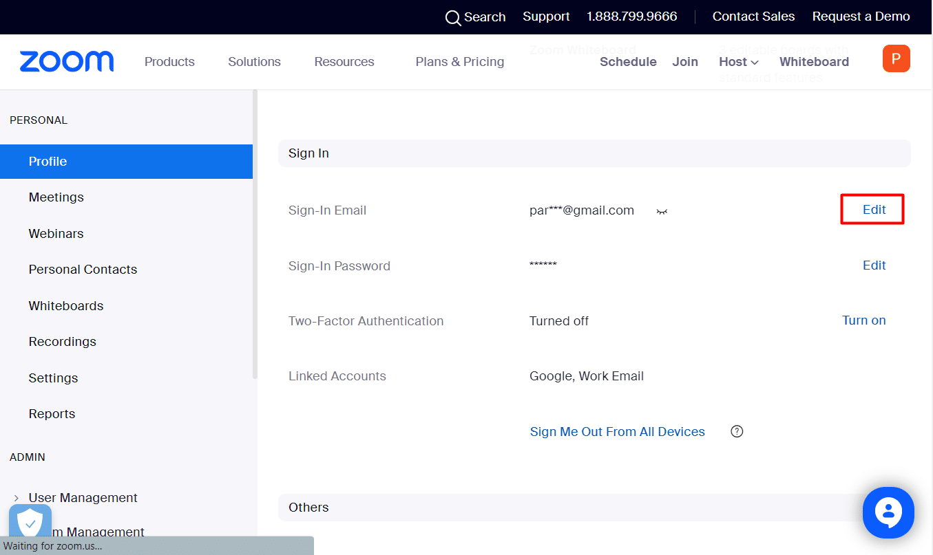 click on Edit next to Sign-In Email. Fix Zoom Account Disabled Error