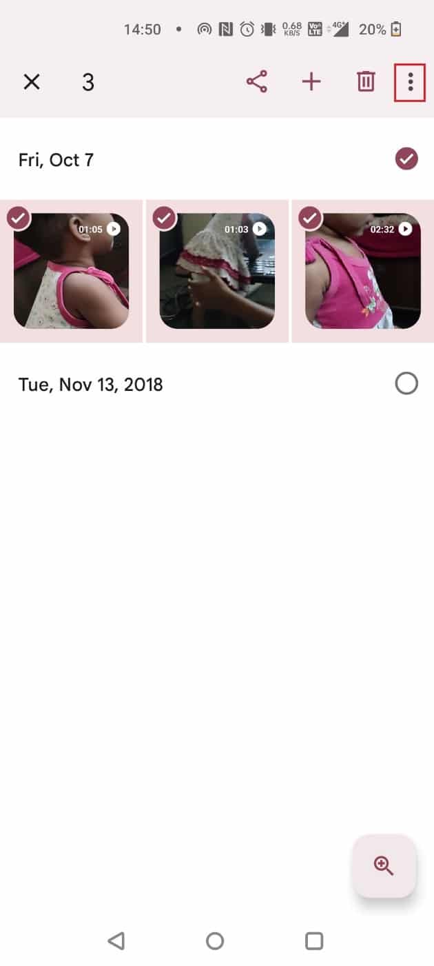 Select the images and tap on the three dots at the top right corner | How to Delete Google Auto Backup Pictures