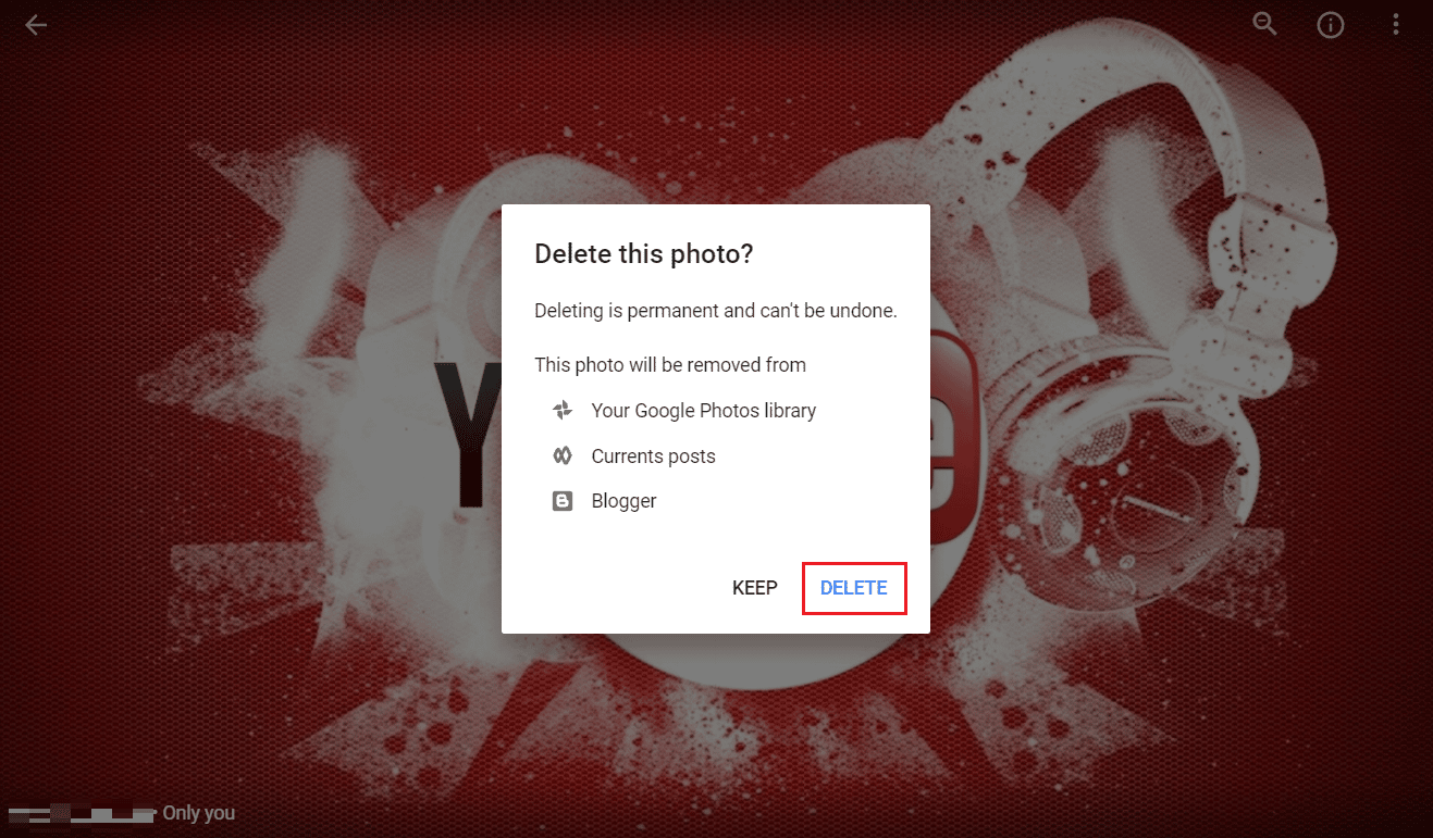 click on DELETE from the popup to remove the photo permanently from the Picasa archive