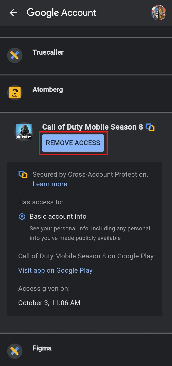 Tap on REMOVE ACCESS | unlink your Activision account again