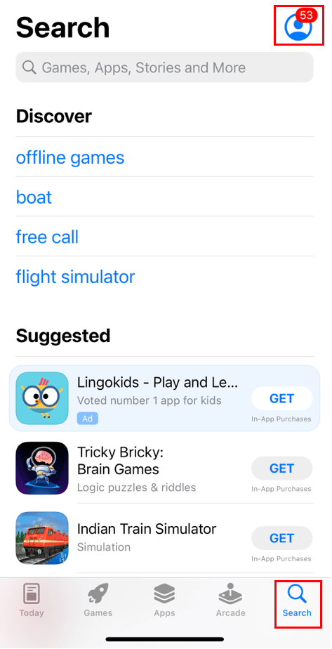 tap on profile icon in App Store Search menu iPhone