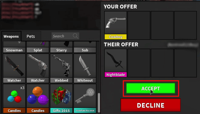 click on ACCEPT to accept the trade of Nightblade they have put forth | What is the Worth of Nightblade in MM2? | rarest type of weapon in MM2