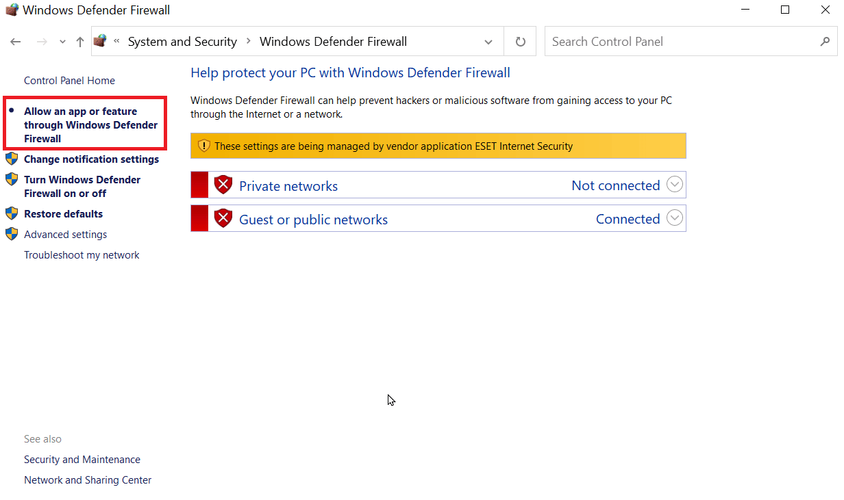 click on allow an app or feature through windows defender firewall
