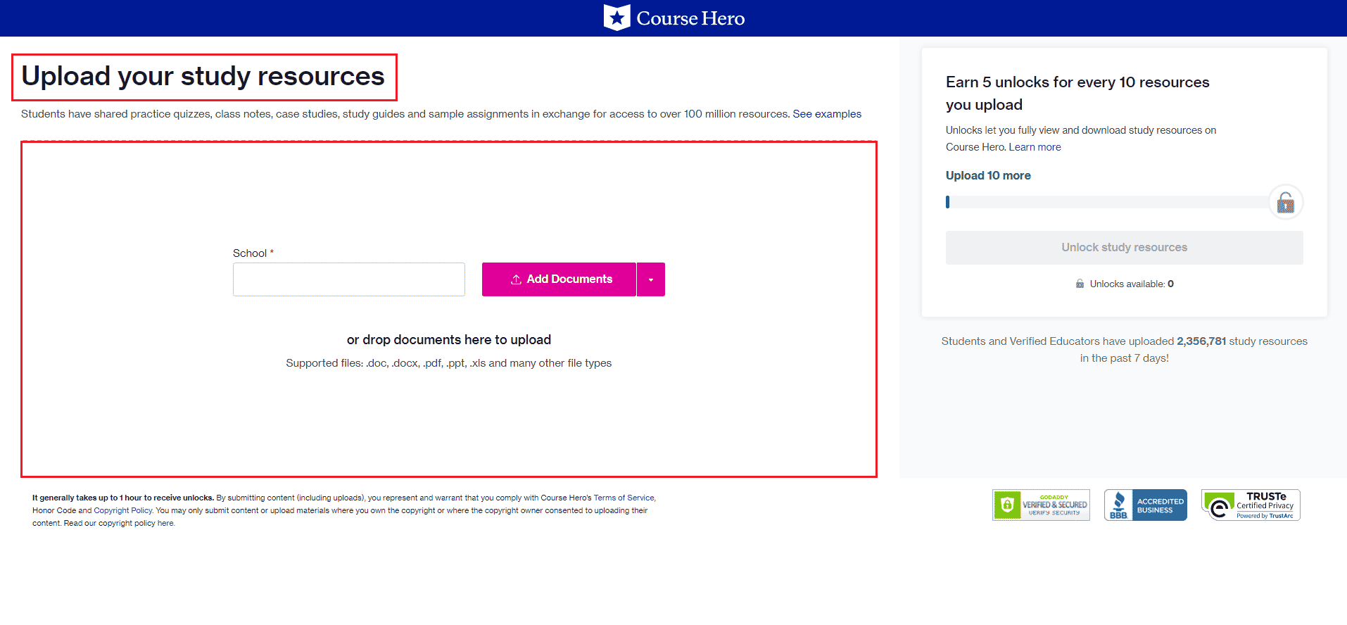 Course Hero upload study resource. Course Hero free trial membership