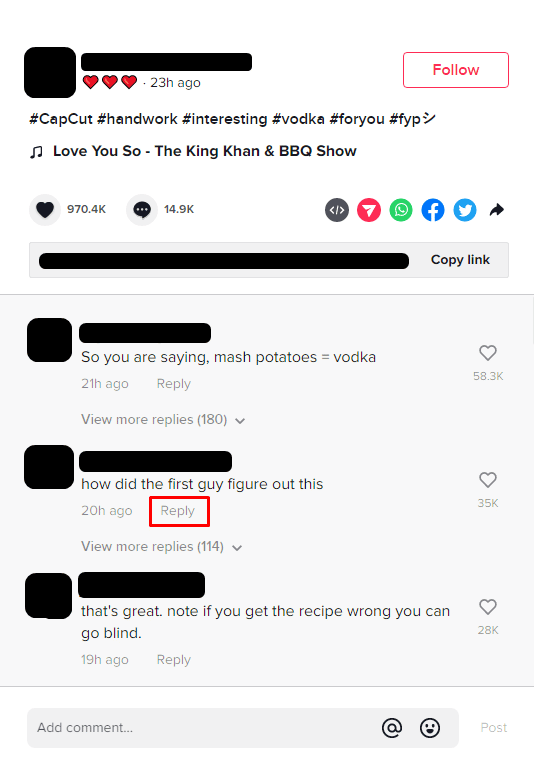 Select Reply found under the comment