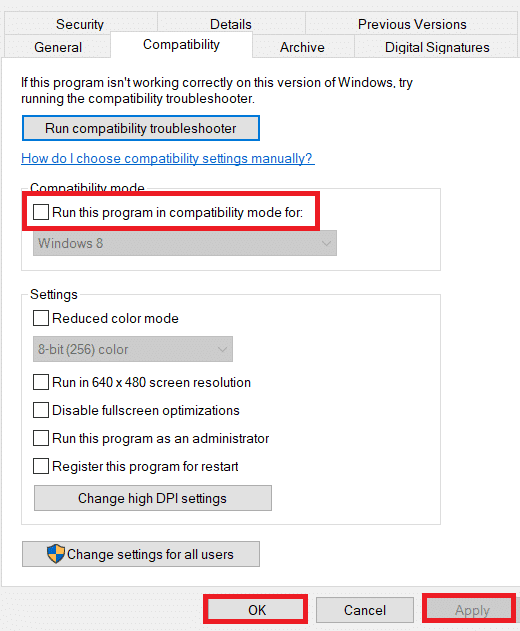 Uncheck the option Run this program in compatibility mode for