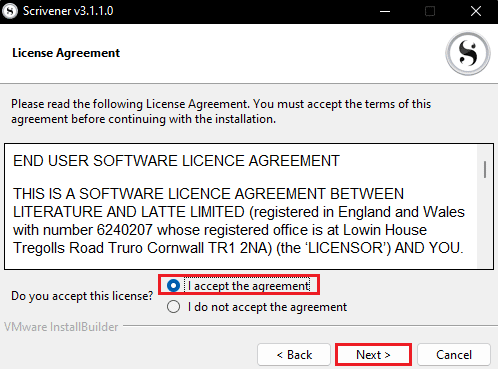 accept the agreement and click on Next in Scrivener setup