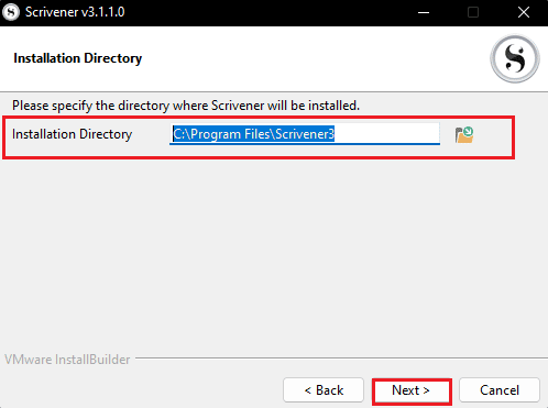 choose installation directory and click on Next in Scrivener setup