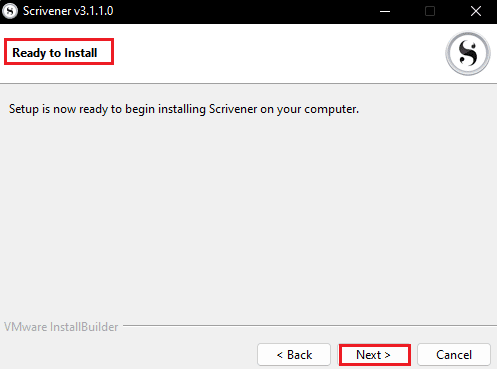 click on Next if ready to install Scrivener setup