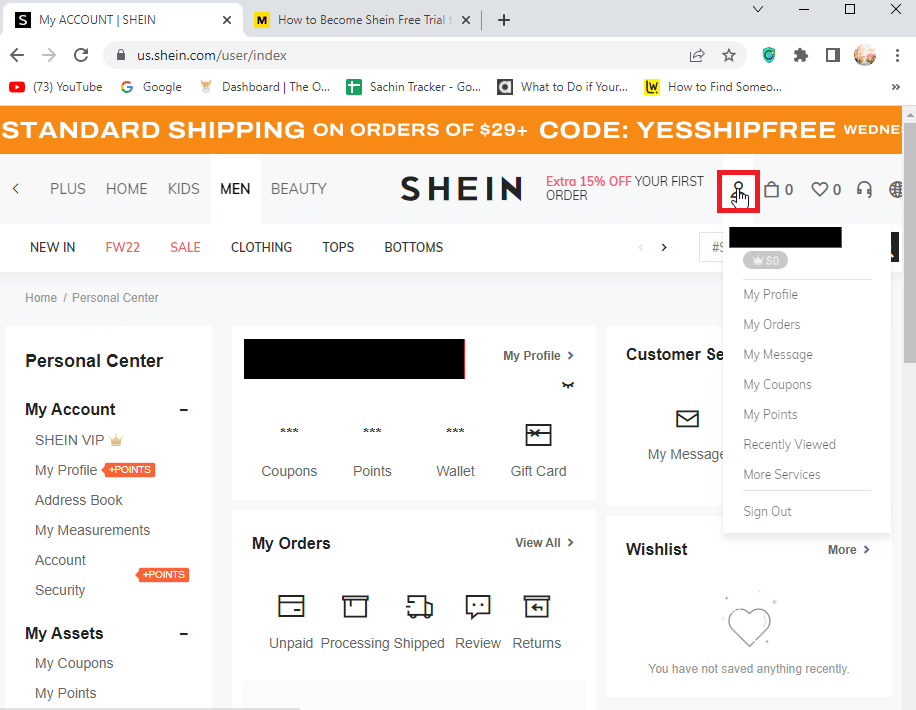 click on profile photo icon. How to Get SHEIN Free Trial Coupon