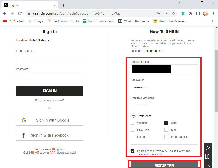 enter the details for creating an account and click register. How to Get SHEIN Free Trial Coupon
