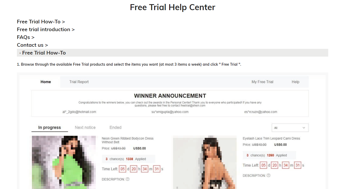 Shein free trial help center