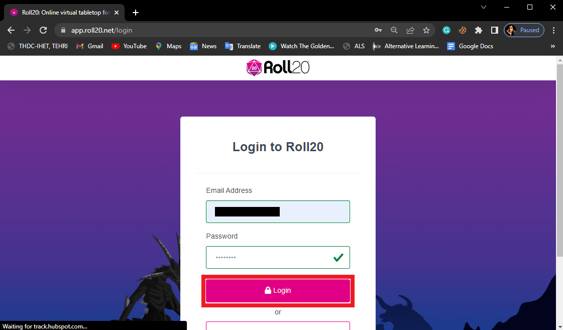 On the Log in page enter your Roll22 account credentials and click Login. Fix Roll20 Advanced Fog of War Not Working