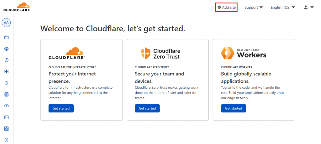 Cloudflare's add site button