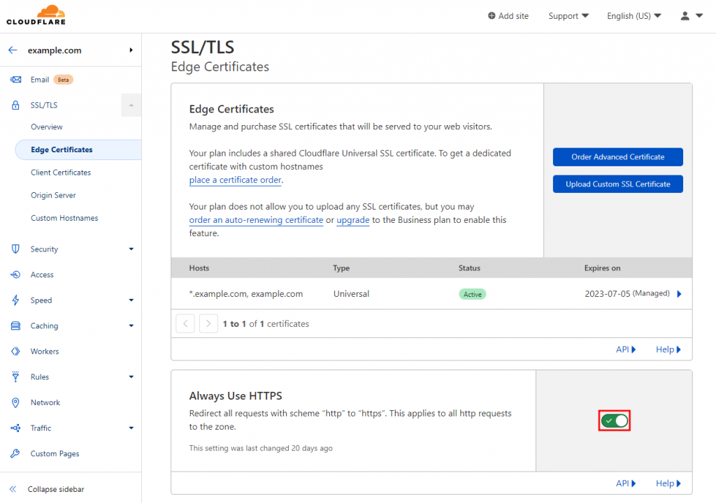 Cloudflare's SSL or TLS Edge Certificates page