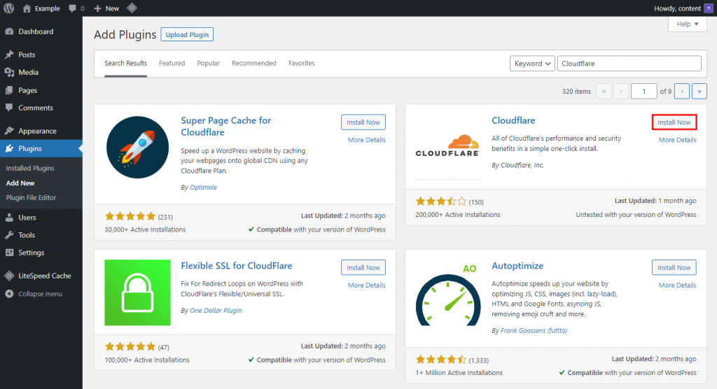 WordPress Cloudflare plugin