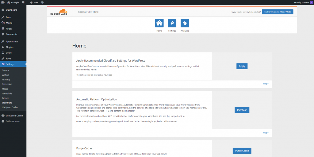 WordPress Cloudflare plugin dashboard