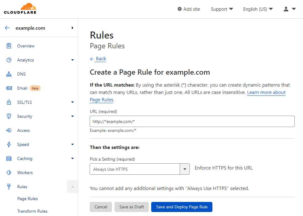 Cloudflare's rules, adding the Always Use HTTPS setting