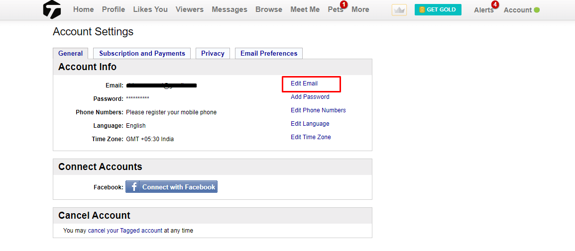 Now, to unlock a locked email on Tagged, Click on the Edit Email option.