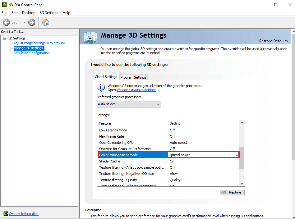 Locate Power management mode