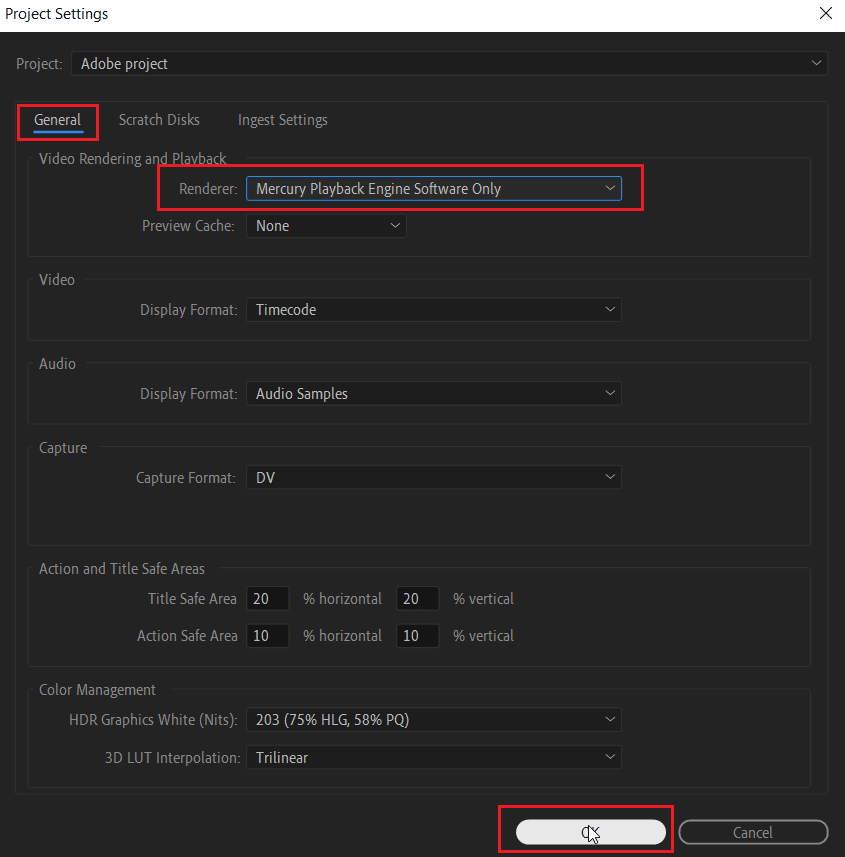 select rederer to software only mode and click ok. Fix Premiere Pro Error Code 3 in Windows 10