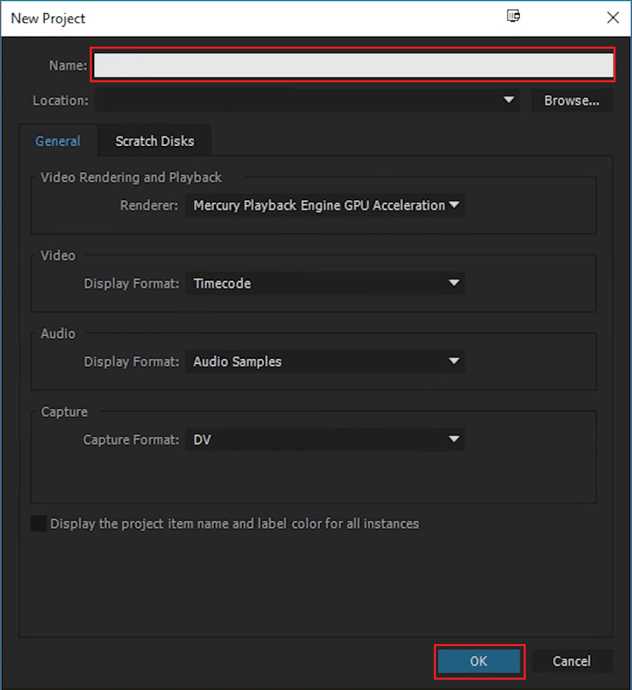 Name the project and click on OK. Fix Premiere Pro Error Code 3 in Windows 10