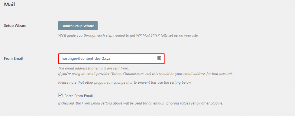 The Mail section on WP Mail SMTP, showing you how to set up the From Email