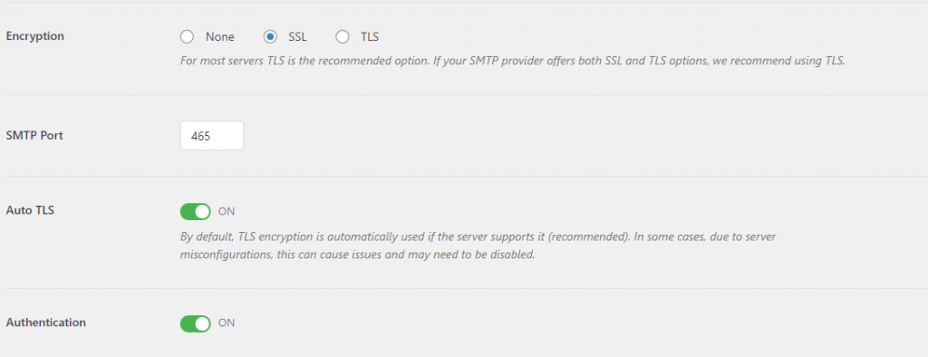 The Mail section on WP Mail SMTP, showing you how to select the encryption level