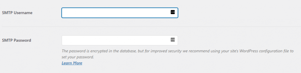 The Mail section on WP Mail SMTP, showing you where to enter the SMTP username and password