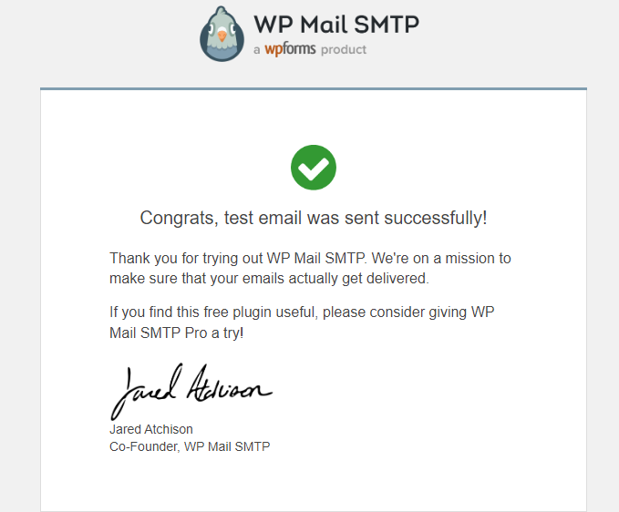 The test email congratulations message from WP Mail SMTP