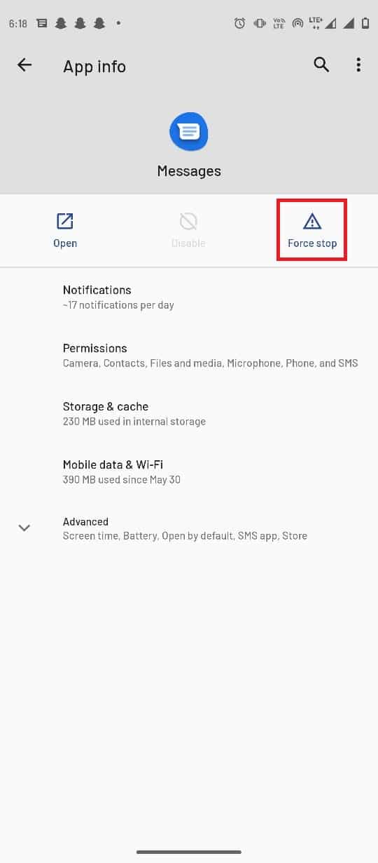 tap on Force stop. Fix Unable to Send Message to Many Unsent Multimedia Messages
